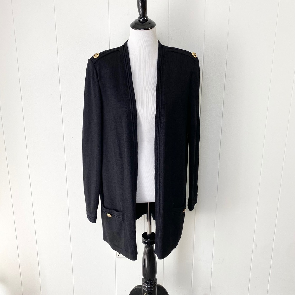 VTG St. John Basics Black Santana Knit Open Front Long Cardigan Gold Crest Sz L